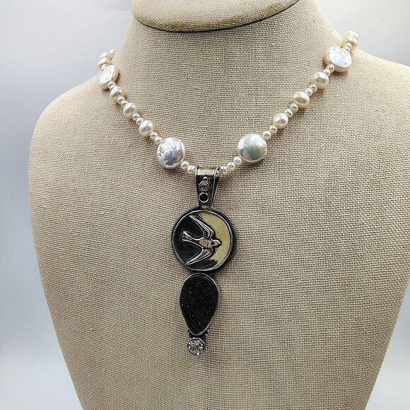 Mars And Valentine Sterling 925 Charcoal Druzy Sapphire Pearl Swallow Necklace - Picture 4 of 16